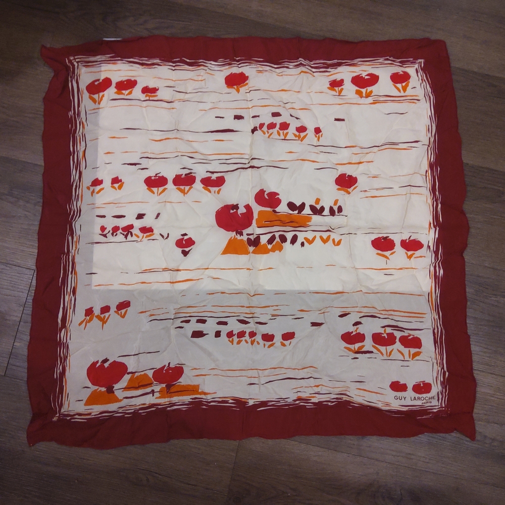 Vtg Guy Laroche Red Floral Silk Scraf